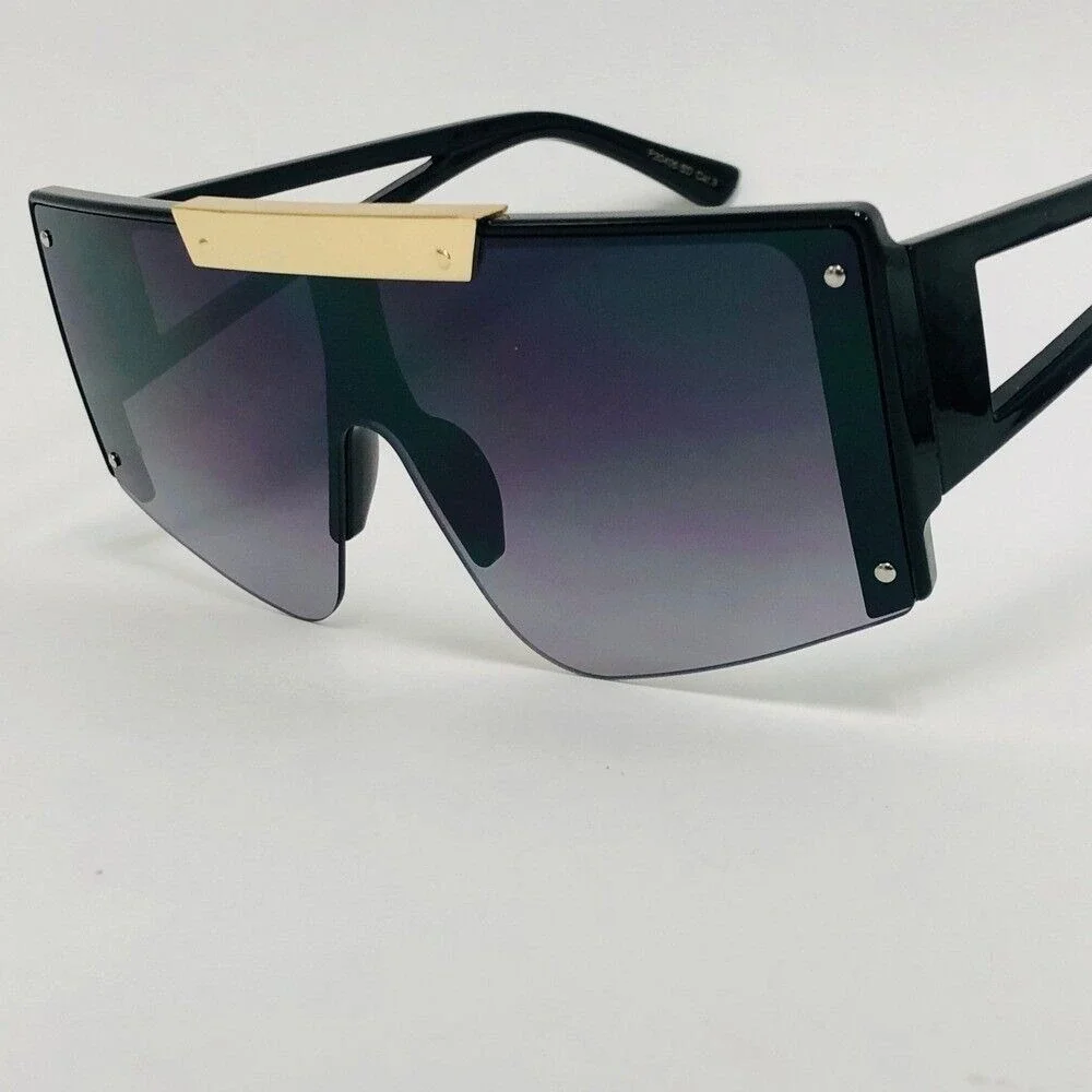 Shield Sunglasses Black Lens Flat Top Oversized Fashion‎ Shades Designer Style